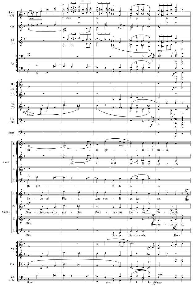 The five-measure excerpt is for full orchestra and two choirs and includes two clarinet. 